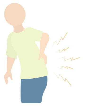 Back pain. The patient is bent over and holding his back with his hand. Sparks are coming from the back. Color vector illustration. Isolated background. Flat style. Medical theme.のイラスト素材