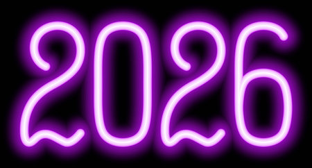 2026. Neon. Purple shining number. New Year. Color vector illustration. Isolated on black...