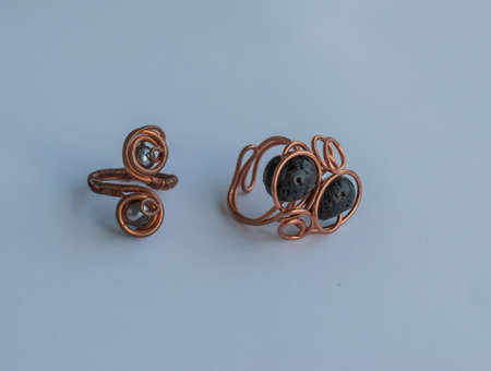 Unique handmade jewelry made of copper wire and colourful stones. Taken in the Golden City of Pforzheim, Germanyの写真素材