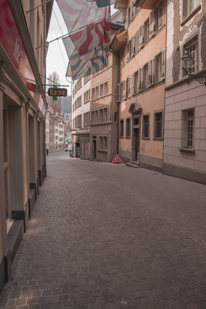 Empty streets. Closed stores. Missing tourists. Taken in Lucerne / Switzerland, March 27. 2020のeditorial素材