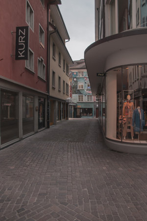Empty streets. Closed stores. Missing tourists. Taken in Lucerne / Switzerland, March 27. 2020のeditorial素材