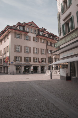 Empty streets. Closed stores. Missing tourists. Taken in Lucerne / Switzerland, March 27. 2020のeditorial素材