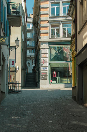 Empty streets. Closed stores. Missing tourists. Taken in Zurich/Switzerland, April 2. 2020のeditorial素材