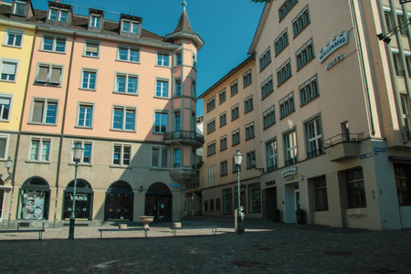 Empty streets. Closed stores. Missing tourists. Taken in Zurich/Switzerland, April 2. 2020のeditorial素材