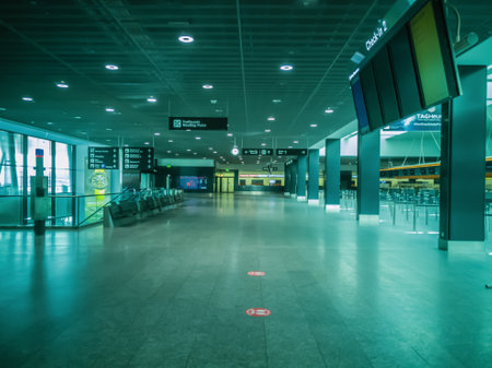 Zurich Airport with closed stores and without passengers. Taken in Zurich/Switzerland, April 16. 2020のeditorial素材