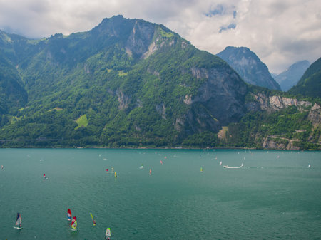 Panoramic view of Lake Lucerne near Sisikon and Fluelen.の写真素材