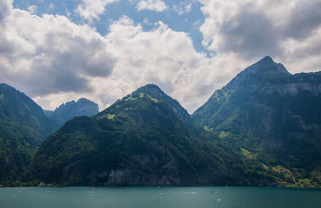 Panoramic view of Lake Lucerne near Sisikon and Fluelen.の写真素材