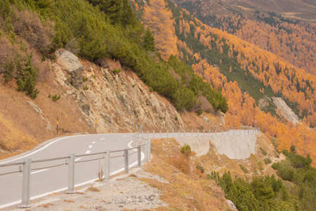 Autumn landscape view. The Fluela Pass is a high mountain pass in Switzerland, it connects Davos...