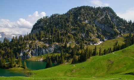 Panoramic view of a mountain lake near Thun and Interlakenの写真素材