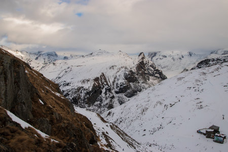 Snow-covered mountain peaks in Zermatt ski resort in Switzerlandの写真素材