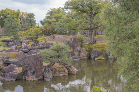 The castle gardens feature landscaped ponds, stone arrangements, and cherry trees, blending tsukiyama and karesansui styles to create seasonal beauty and meditative tranquility.の写真素材