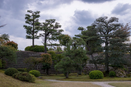 The castle gardens feature landscaped ponds, stone arrangements, and cherry trees, blending tsukiyama and karesansui styles to create seasonal beauty and meditative tranquility.の写真素材