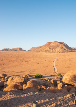 A winding path cuts through the dry desert landscape of Damaraland, dotted with trees. This remote wilderness is a true testament to Namibia's raw beauty.の写真素材