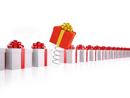 Different red gift box jumps on spring at group of white gift boxes. XXXL size image isolated on white.の写真素材