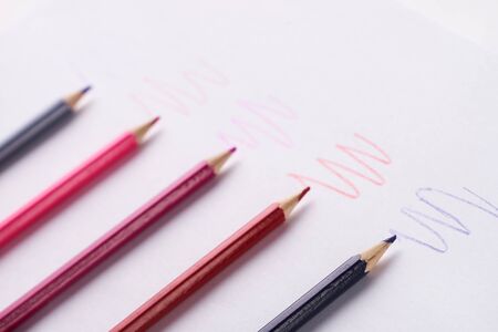 Crayons, Colorful pencils on white background, Close upの写真素材