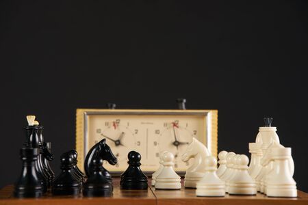 Close up of quick chess with timer on dark background.の写真素材