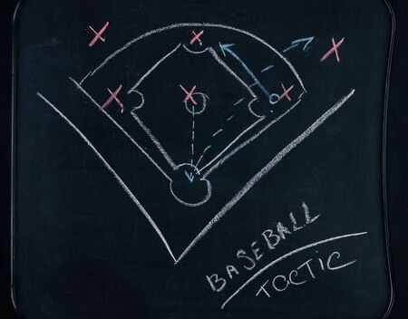 Baseball play strategy drawn on chalk boardの写真素材