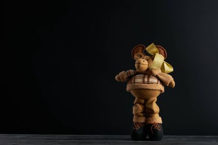 Soft toy moose on dark background. Copy spaceの写真素材