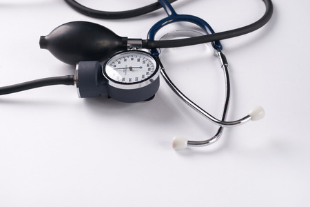 stethoscope and blood pressure meter on white backgroundの写真素材