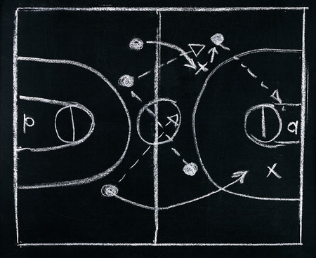 Basketball play tactics strategy drawn on chalk boardの写真素材