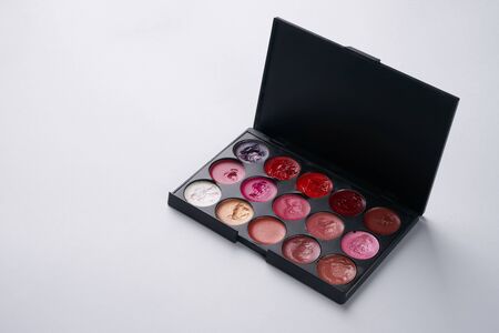 Make up professional cosmetics, palette with eyeshadow isolated on white. Professional make-up tools, closed-up with copy space.の写真素材