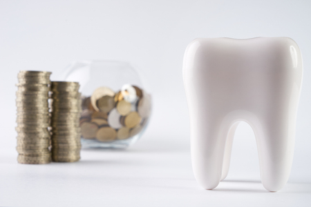 Tooth and piggy box with coins on isolate white background.Financial Concept Dentist Money conceptの写真素材