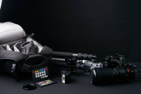 Photographer's equipment on the floor in a studio.の写真素材