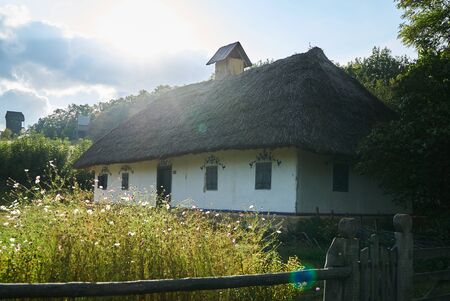 House with thatched roof on the green lawns with rocks and cart  on a bright sunny dayの写真素材