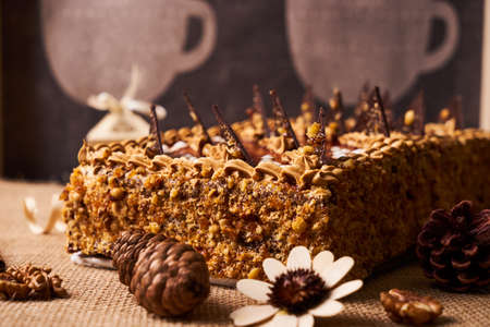 Delicious  biscuit cake with chocolate, walnut and whipped custard cream on textured background with Christmas decorationsの写真素材