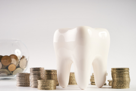 White healthy human enamel tooth model and glass piggy box with stacked coins isolated on white background with copy space. Financial Concept Dentist Money concept. Whitening of tooth enamelの写真素材