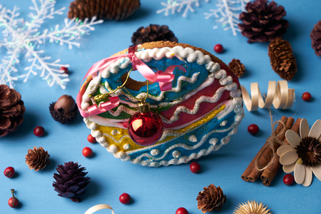 Homemade gingerbread cookie colorful christmas tree baubleの写真素材