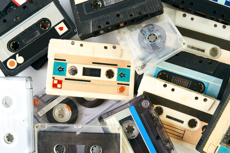 Vintage audio cassette tape. ollection of retro cassette tapes isolated on a white background,...