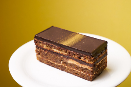 chocolate cake slice on a white plate