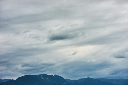 Mountain forest landscape covered by green pine under morning sky with clouds, Country Sideの写真素材