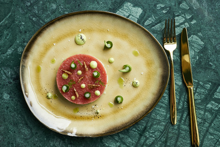 Salad with wild shrimps, young cabbage, tomato fillet and citronet sauce, close-upの写真素材
