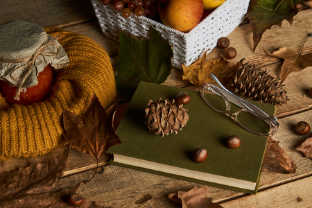 Autumn season and education concept with book reading glasses, fruits basket, fir cone and nuts on old rustic wooden table background with copy space, close-up, top viewの写真素材