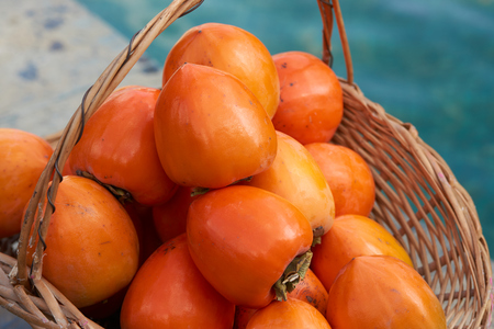 Persimmon fruits and persimmon leaves in a wicker basket. Agriculture and harvesting conceptの写真素材