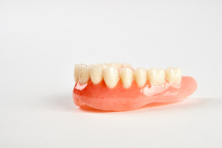 Artificial teeth on a white background with copy space. Dentist appointment, dentistry instruments and dental hygienist checkup concept with teeth model denturesの写真素材