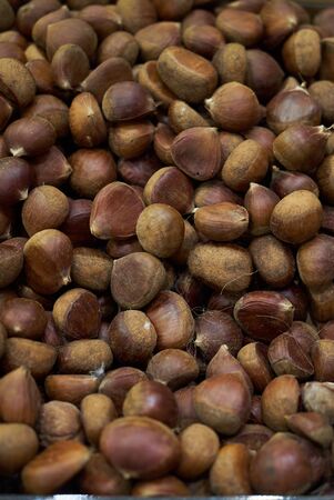 Chestnut in shell texture background. Unpeeled Chestnut nuts, close-up, top viewの写真素材