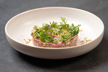 Fresh beef tartare dish with fresh vegetables in white plate on dark background with copy space. Beefsteak tartare with crispy taco chips, radish greens. Chef's signature dish, gastro cafe menu foodの写真素材