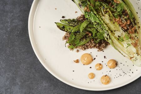 Grilled Romaine with green beans, quinoa and smoked paprika sauce on white plate, top view, background with copy spaceの写真素材