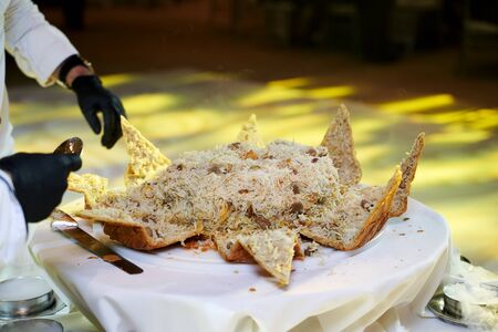 Shah Pilaf with rice on a table in restaurant, close-up. National cuisine of azerbaijan - baked pilaf or Shakh Pilafの写真素材