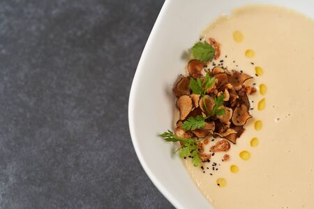Cream Soup with bream fish on gray