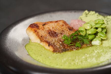 Pike perch fillet with green bean edamame puree and sauce