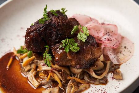 Lamb meat with pickled radish, mushrooms and demi glace sauce, close-upの写真素材