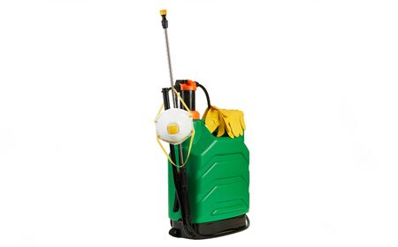 Coronavirus prevention, Disinfection service. Disinfectant canister with medical mask and protective...