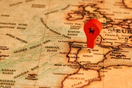 Spain marked on map with map pin. Europe With map marker on Madrid city , close-up.の写真素材
