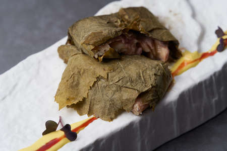 Fish-stuffed grape leaves. Fish Dolma - Lebanese cuisine. Luxury restaurant dishの写真素材
