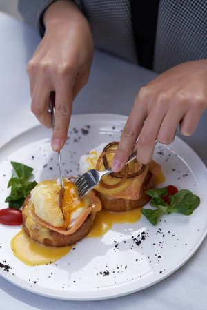 Healthy breakfast table with Crepes, blueberries, strawberry and yoghurt. Pancakes with fresh berries and jamの写真素材