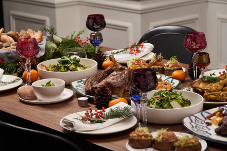Christmas table setting. Xmas and New Year dinner table with roasted turkey, chicken and other...